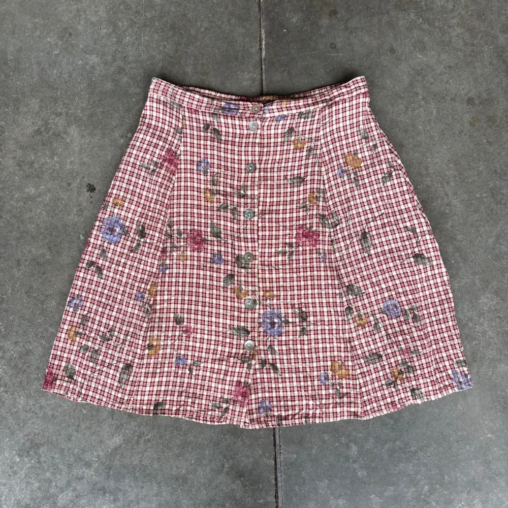 Vintage Clio Skirt Womens Large Red Gingham Plaid Fall Harvest Floral Cottage